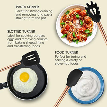MIBOTE Silicone Cooking Kitchen Utensils Set, Wooden Handle, Coffee | BPA-Free, Non-Toxic Silicone Turner, Tongs, Spatula, Spoon Set – Great for Nonstick Cookware, Heat-Resistant, Easy Clean - color: 1-Copper