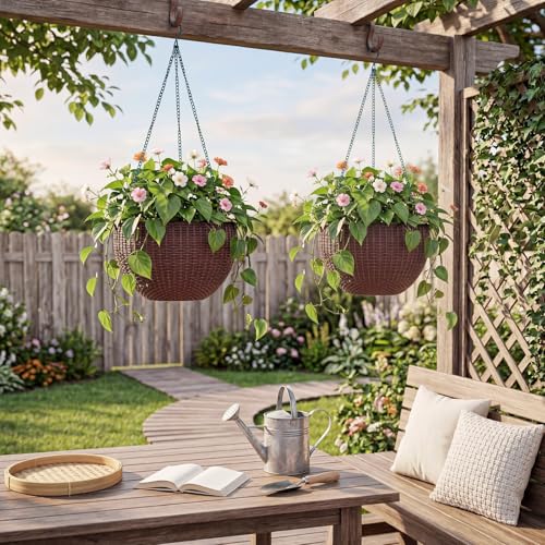 13.8 Inch Self Watering Hanging Planter, 2PCS Round Resin Hanging Basket for Indoor Outdoor Plants, Rattan Look Flower Pot with Drainage Plug, Deep Inner Pot and Sturdy Metal Triple-Chain Hanger - color: Coffee Brown