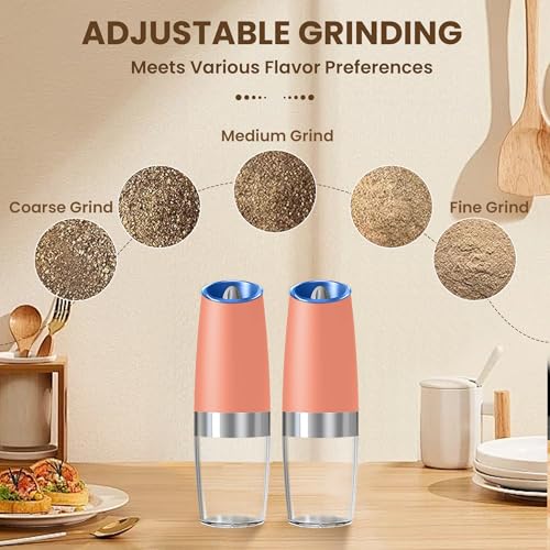 Battery Gravity Salt Pepper Grinder Set, 2 Pack (Pink) | Gravity Automatic Grinder With LED Light & Adjustable Roughness, Each Requires 6 AAA Batteries For Kitchen Daily Seasoning - color: Battery/Set/Pink