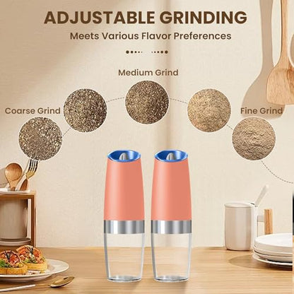 Battery Gravity Salt Pepper Grinder Set, 2 Pack (Pink) | Gravity Automatic Grinder With LED Light & Adjustable Roughness, Each Requires 6 AAA Batteries For Kitchen Daily Seasoning - color: Battery/Set/Pink
