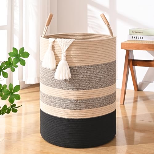 90L Striped Laundry Basket, Brown & Black Laundry Hamper with Leather Handles, Woven Cotton Rope Storage Bin for Blankets, Nursery Hamper for Clothes, Toys In Bathroom, Livingroom, Bedroom - color: Dark & Brown, size: 90L