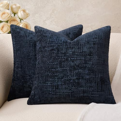 Throw Pillow Covers Navy Blue Set of 2 18x18 Inch Pillow Covers, Soft Chenille Neutral Decorative Covers for Couch Sofa Bed Living Room, Home Modern Farmhouse Boho Decor - color: Navy Blue, size: 18" x 18" (Pack of 2)