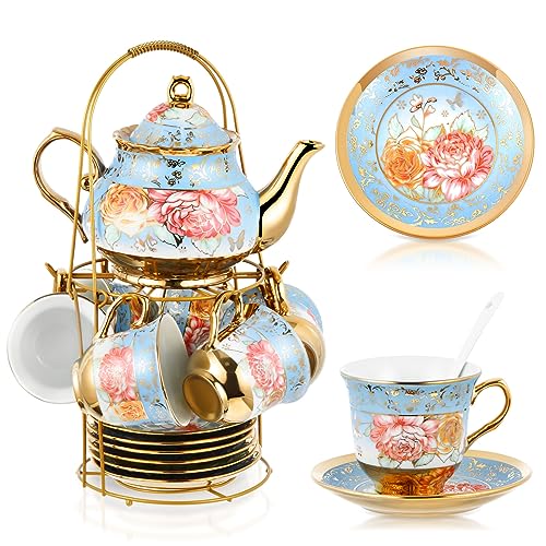 Zhehao 20 Pcs Porcelain Tea Set with Metal Holder and Spoon Adult Ceramic Tea Set European Flower Painting Teapot Cup Saucer Spoon for Women Mom Gift, Large Version (Simplicity Style) - color: Simplicity Style