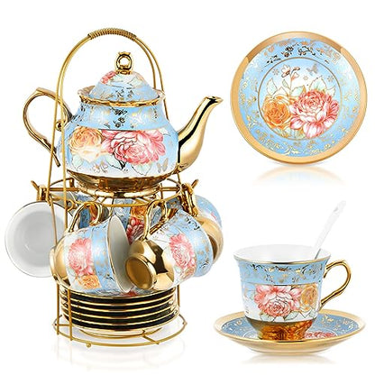 Zhehao 20 Pcs Porcelain Tea Set with Metal Holder and Spoon Adult Ceramic Tea Set European Flower Painting Teapot Cup Saucer Spoon for Women Mom Gift, Large Version (Simplicity Style) - color: Simplicity Style