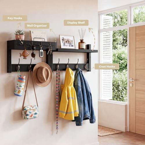 Coat Rack Wall Mount with Shelf & Mail Organizer,29 Inch Wall Shelf with 7 Coat Hooks and 4 Key Hooks for Entryway,Living Room,Bedroom,Offices(Black) - color: Black