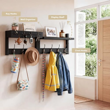 Coat Rack Wall Mount with Shelf & Mail Organizer,29 Inch Wall Shelf with 7 Coat Hooks and 4 Key Hooks for Entryway,Living Room,Bedroom,Offices(Black) - color: Black