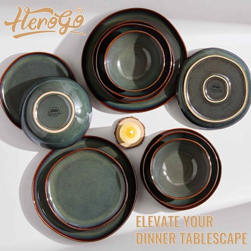 Herogo Stoneware Dinnerware Sets for 6, 24 Piece Ceramic Dinner Dishes Set, Irregular Handmade Plates and Bowls Dishware, Crack and Scratch Resistant, Reactive Glaze, Lichen Green - color: Lichen Green, size: 6 Set (24pcs)