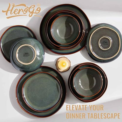 Herogo Stoneware Dinnerware Sets for 6, 24 Piece Ceramic Dinner Dishes Set, Irregular Handmade Plates and Bowls Dishware, Crack and Scratch Resistant, Reactive Glaze, Lichen Green - color: Lichen Green, size: 6 Set (24pcs)