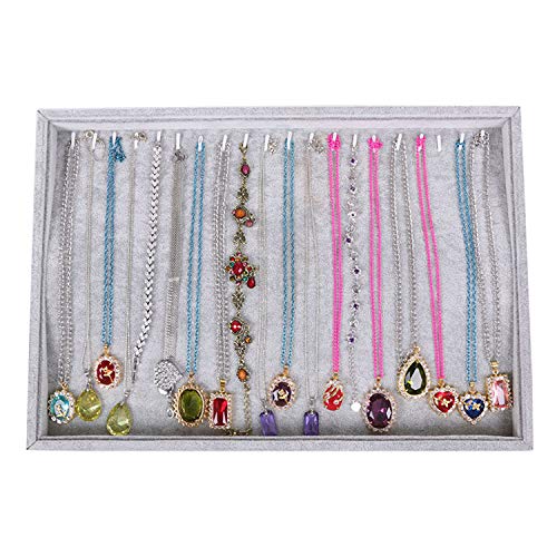 Gray Velvet Stackable 20 Hooks Necklace Jewelry Tray Box Showcase Display | Organizer Holder for Dresser Decorative Storage Case Single Plate for Little Girls Accessary Women Long Hand Chains jewels - color: Grey 20 Hooks Necklace