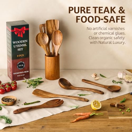 SOOMGYEOL SEOM 9-Piece Teak Wood Cooking Utensil Set with Holder | Natural Teak Wood, Uncoated, 8 Cooking Utensils & Holder, Nonstick Safe - size: 9 PCS Set