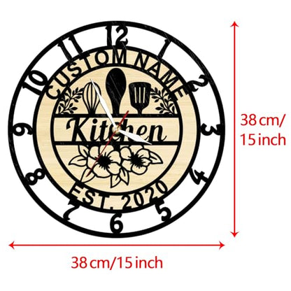 Kitchen Wall Clock Custom Name, Wood Chef Clock Modern Decorative Kitchen Clocks Wall Battery Operated Silent Movement for Restaurant Dinning Room Farmhouse Cooking Lovers Chef Mom Gift - size: 15 inch
