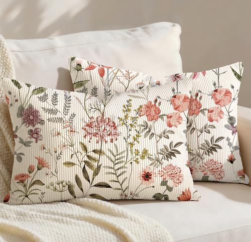 Corduroy Lumbar Pillow Covers 20x12 Inch - Set of 2 Decorative Summer Spring Pillow Covers with Zipper Farmhouse Decor Cottage Throw Pillowcases for Couch Sofa Living Room Home Bedroom, Floral - color: Floral, size: 20" x 12" (Pack of 2)