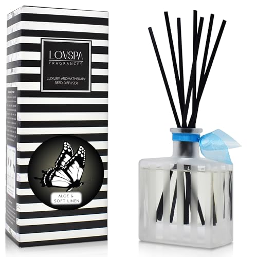 Reed Diffuser Set, Aloe & Soft Linen Scented Oil Diffuser with Sticks, Home Fragrance Accessories for Bathroom Shelf Decor, Aroma Diffusers for Home or Office Desk, USA Made - color: Aloe & Soft Linen, size: Modern Stripe/4.5 oz