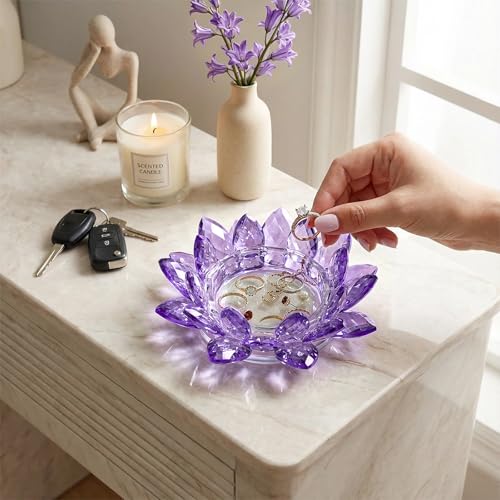 Crystal Flower Jewelry Tray, 1, 6.3" Purple | Transparent, For Rings, Earrings, Necklaces, Keys, Decorative Trinket Dish, For Vanity Dresser Nightstand - size: 6.3"(W)- Purple
