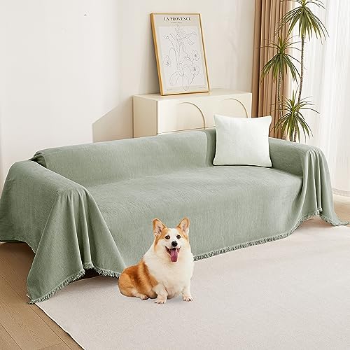 MYSKY HOME Green Sofa Covers Tassel Couch Cover for Pet Dogs Sage Couch Cushion Covers for L Shape Universal Chenille Sofa Throw Cover Washable Sectional Couch Covers for Living Room, 71" X102" - color: Tassels Edge-sage, size: 71" x 102"