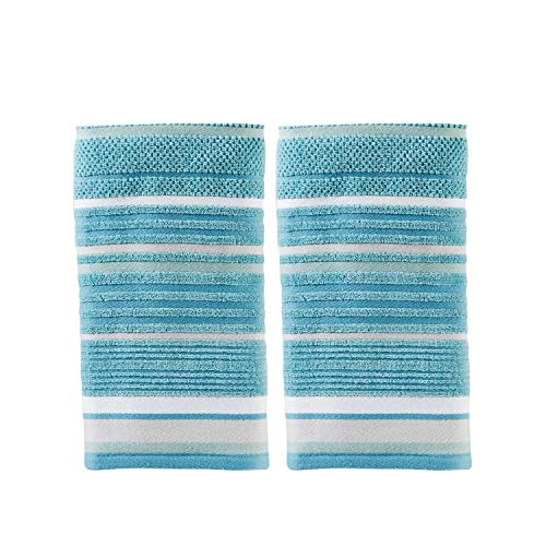 SKL Home Seabrook Stripe 100% Cotton Premium 2-Piece Hand Towel Set, 550 GSM, Soft & Absorbent Jacquard, for Bath & Kitchen, Teal - color: Seabrook Stripe, style: 2-Piece Hand Towel Set