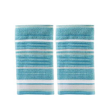 SKL Home Seabrook Stripe 100% Cotton Premium 2-Piece Hand Towel Set, 550 GSM, Soft & Absorbent Jacquard, for Bath & Kitchen, Teal - color: Seabrook Stripe, style: 2-Piece Hand Towel Set