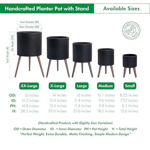D'vine Dev Planter Pot with Wood Stand, 12 in, Matte Black, 88-Z-C-2 | Mid-Century Modern Style, Elevated Plant Display, Drainage Hole and Plug, Functional & Stylish, Modern Indoor Planter - color: Matte Black, size: Large