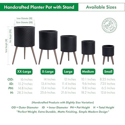 D'vine Dev Planter Pot with Wood Stand, 12 in, Matte Black, 88-Z-C-2 | Mid-Century Modern Style, Elevated Plant Display, Drainage Hole and Plug, Functional & Stylish, Modern Indoor Planter - color: Matte Black, size: Large