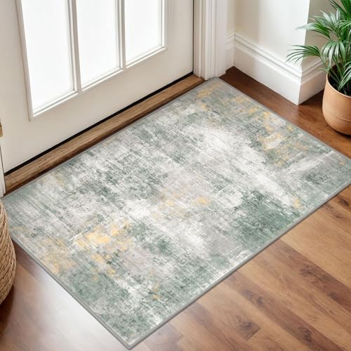 Small Abstract Area Rug 2x3 Ft Entryway Rugs Washable Door Mat Indoor Entrance, Printed Faux Wool Non Slip Floor Carpet for Foyer Front Door Sink, Light Green/Gray/Orange - color: Light Green/Gray/Orange, size: 2' x 3' (Rectangular)