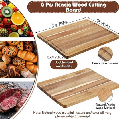 Nuogo 6 Pcs Large Acacia Wood Cutting Boards, Reversible Wooden Chopping Board with Juice Groove, Charcuterie Butcher Block for Kitchen Meat, Veggies & Fruit(20 x 15 Inch) - size: 20 x 15 Inch