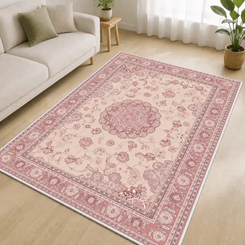 Boho Pink Area Rug 3x5 Soft Machine Washable Neutral Vintage Area Rug with Non-Slip Backing Low Pile Throw Rugs for Entryway, Living Room, Kitchen, Kis Room, Office, Bedroom, Laundry Mat Carpet Decor - color: Pink, size: 3' x 5' (Rectangular)