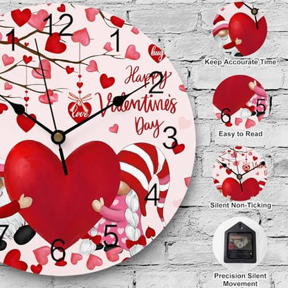 Happy Valentine's Day Silent PVC Wall Clock 12 Inch Gnomes Round Wall Clock Red Love Heart Tree Hanging Clock for Kitchen Non Ticking Battery Operated Living Room Pink Mute Clock - color: Gnomecbt5750, size: 12x12inch(30x30cm)