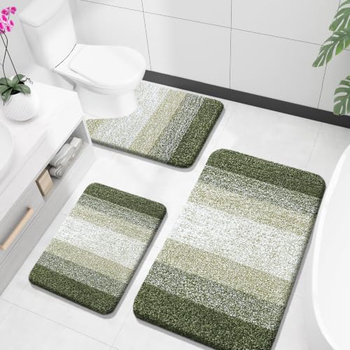 OLANLY Microfiber Bathroom Rugs Sets 3 Piece, 36"x24"+24"x16"+24"x20" | Dark Green, Soft Absorbent Bath Mats and U-Shaped Contour Toilet Rug, Plush Shaggy Bath Mat Set for Bathroom - color: Dark Green, size: 36" X 24" + 24" X 16" + U24" X 20"