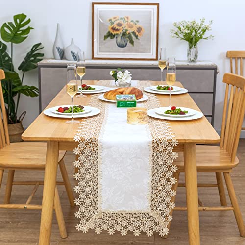 Lace Table Runner Waterproof Fabric Washable Beige 16x70inch | Elegant Decor AntiShrink Soft Wrinkle Resistant Decorative Fabric Dining Home Holiday Party Kitchen Outdoor Indoor Home Décor - color: Blossom-beige, size: 16" x 70" (Rectangle)