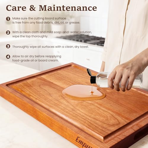 Empune Cherry Wood Cutting Boards for Kitchen Wooden Cutting Board with Handle, Chopping Board with Built-in Juice Groove & Well, Heavy-duty Charcuterie Board Butcher Block, 16.5x11.8x1.4 Inches - color: Cherry Wood