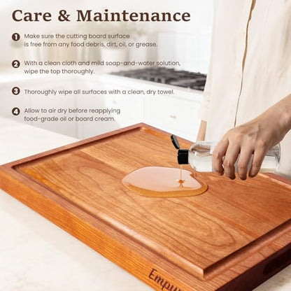 Empune Cherry Wood Cutting Boards for Kitchen Wooden Cutting Board with Handle, Chopping Board with Built-in Juice Groove & Well, Heavy-duty Charcuterie Board Butcher Block, 16.5x11.8x1.4 Inches - color: Cherry Wood