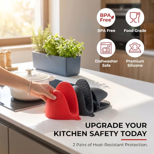 Silicone Cooking Pinch Grips Oven Mitts - Mini Finger Protector Pot Holder for Kitchen,Cooking,Baking,BBQ - Heat Resistant Gloves, 2 Pairs (Black and Red) - color: Black and Red