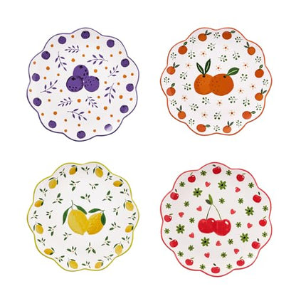Bico Fruit Pop Scalloped Salad Plates Set of 4, 8.75 Inch Ceramic Dessert Plates for Salad, Appetizer, Side Dishes, Microwave and Dishwasher Safe, Gift for Housewarming and Thanksgiving - color: Fruit Pop