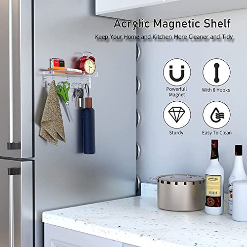 YUEHUA Magnetic Key Holder for Refrigerator, Acrylic Wall Mounted Key Rack with Mail Organizer for Home, Adhesive Key & Mail Holder Hanger - 6 Hooks (Clear)