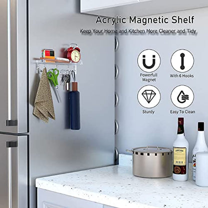 YUEHUA Magnetic Key Holder for Refrigerator, Acrylic Wall Mounted Key Rack with Mail Organizer for Home, Adhesive Key & Mail Holder Hanger - 6 Hooks (Clear)