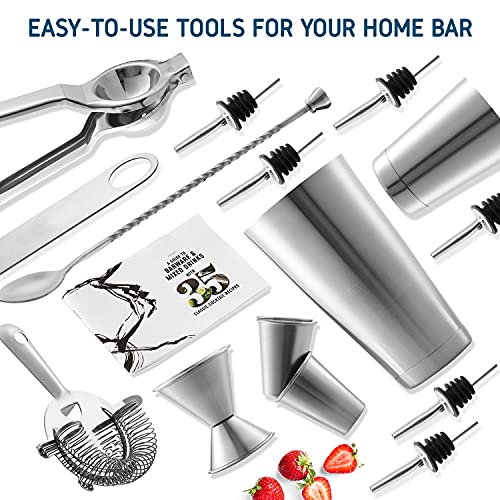 Bar Set Cocktail Shaker Set, Stainless Steel Mixology Bartender Kit, 16 Piece Cocktail Kit, Silver Cocktail Set, Bar Tools: 30oz Martini Shaker, Muddler, Bar Kit Cocktail Book, Jigger and Pourers - color: Silver, size: 16 Piece
