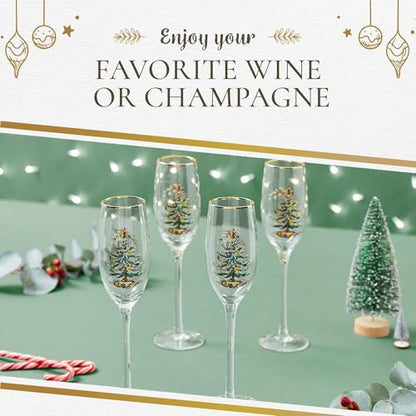 Spode Christmas Tree Gold 8.5oz Champagne Flutes (Set of 4) - Gold Rimmed Glasses, Festive Holiday Drinkware for Christmas Dinner, Wedding Gifts - Classic Holiday Glassware for Wine & Minosas - style: Champagne Flutes