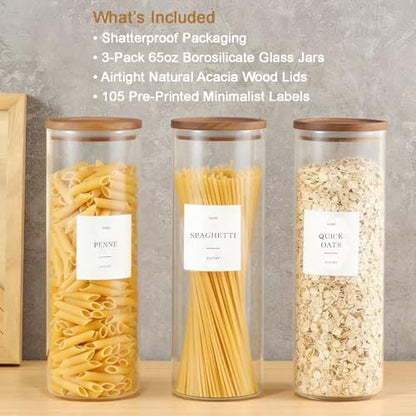 3 Pack Glass Pasta Storage Containers, 65oz Tall Pantry Jars with Wood Lids | Airtight Kitchen Canisters with 105 Labels, Glass Food Storage Containers with Acacia Lids for Cereal, Spaghetti Holder - size: 65oz 3 Pack