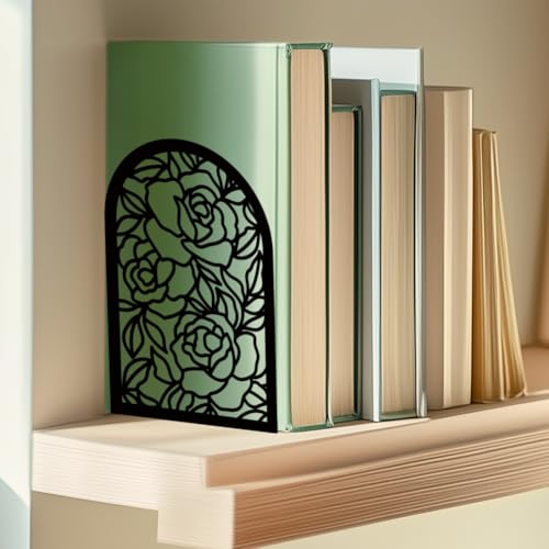 Book Ends Black Metal Bookends for Shelves Decor Rose Heavy Duty Bookends for Book Supports Unique Book Stopper for Office Book Holder Shelf Accessories 7x4.7x3.5 inch 1 Pairs/2 Pcs - style: Rose