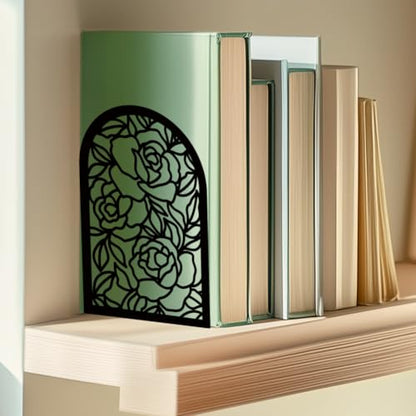 Book Ends Black Metal Bookends for Shelves Decor Rose Heavy Duty Bookends for Book Supports Unique Book Stopper for Office Book Holder Shelf Accessories 7x4.7x3.5 inch 1 Pairs/2 Pcs - style: Rose