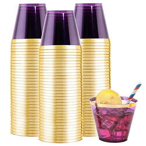 LUODA 150PCS Purple Plastic Cups,9oz Purple Disposable Cups with Gold Rim | Old Fashioned Tumblers Gold Rimmed Purple Plastic Cups,Unbreakable cups for Any occasion: Weddings, Parties, Business Events - color: Purple