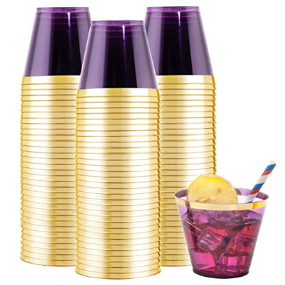 LUODA 150PCS Purple Plastic Cups,9oz Purple Disposable Cups with Gold Rim | Old Fashioned Tumblers Gold Rimmed Purple Plastic Cups,Unbreakable cups for Any occasion: Weddings, Parties, Business Events - color: Purple