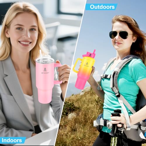 40 oz Tumbler with Handle and Straw or Convert to 40 oz Insulated Water Bottle Fits in Cup Holder. Stainless Steel Metal Water Flask with 2 Lids for Travel,Camping,Gym Sports Coffee Mug Thermal Cup - color: Rainbow