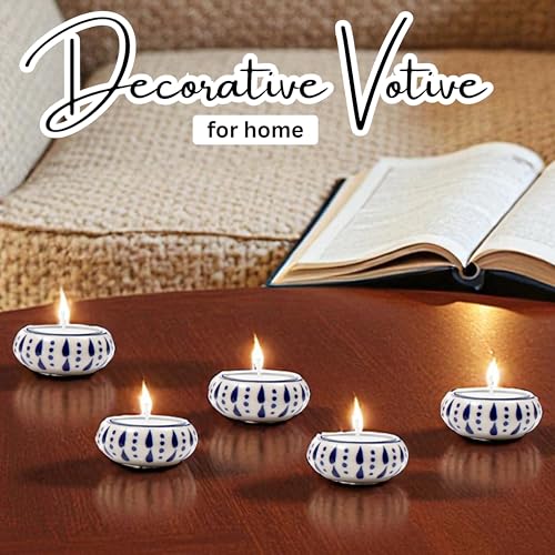 Ceramic Tealight Holder Set of 6 - Hand-Painted Candle Holders with Wax Tealights - Decorative Votive for Home, Party, Wedding, Festive & Gift Décor (White Blue) - ALPHA Living HOME