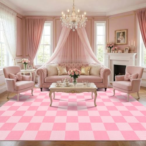 GarveeHome Checkered Pink 6x9 Washable Girls Rug Low-Pile Bedroom Nursery | Pink and White Area Rug for Living Room Girl Room Classroom Non-Slip Soft Stain Resistant Geometric Rugs TPE Backing - color: Blush Pink, size: 6' x 9' (Rectangular)