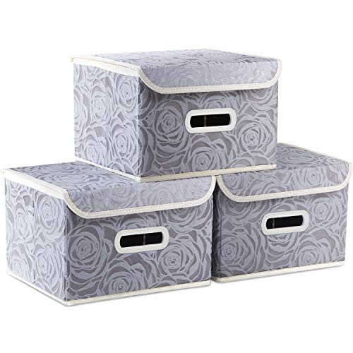Collapsible Storage Boxes with Lids Fabric Decorative Storage Bins Cubes Organizer Containers Baskets with Cover Handles Divider for Bedroom Closet Living Room 9.8x7.9x6.7 Inch 3 Pack - color: Gray, size: Small(3-Pack)