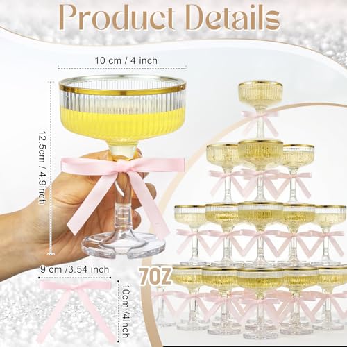 Set of 24 Plastic Champagne Coupe Glasses with Bow 7 oz Gold Champagne Tower Set Stackable Acrylic Ribbed Martini Glasses Cocktail Coupe Cup for Wedding Birthday Party Bar(Bowknot,Pink) - color: Pink, style: Bowknot