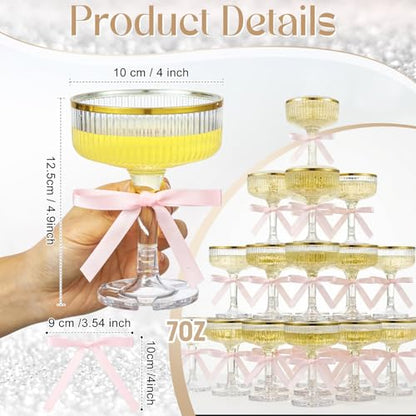 Set of 24 Plastic Champagne Coupe Glasses with Bow 7 oz Gold Champagne Tower Set Stackable Acrylic Ribbed Martini Glasses Cocktail Coupe Cup for Wedding Birthday Party Bar(Bowknot,Pink) - color: Pink, style: Bowknot
