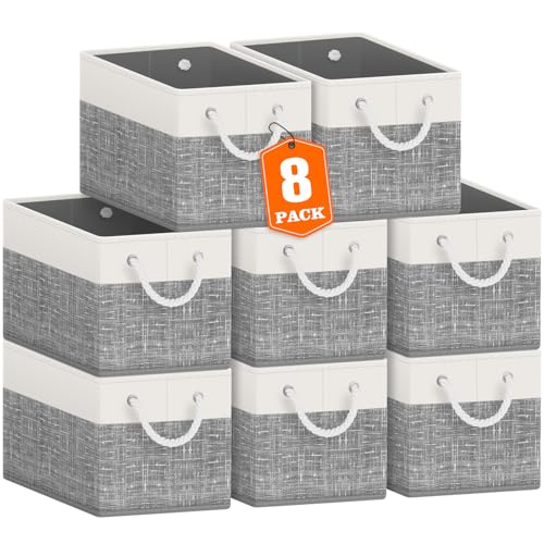 Storage Bins 8-Pack, Foldable Storage Baskets for Organizing Toys, Books, Shelves, Closet, Large Storage Box with Rope Handles, Sturdy Organizer Bins, White & Grey - color: White & Grey, size: 8pack