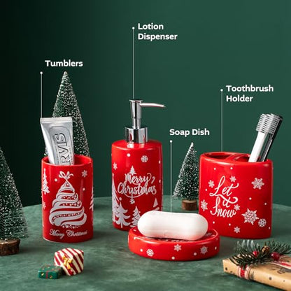 Christmas Bathroom Accessories Set, 4-Piece Ceramic Bathroom Accessory Set Include Lotion Dispenser, Toothbrush Holder Tumbler, and Soap Dish (Red) - color: Red